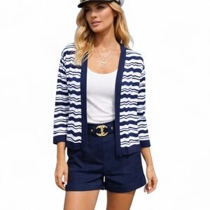 ANN TAYLOR Size Medium Navy White Stripe Cropped Open Front Cardigan Sweater NEW